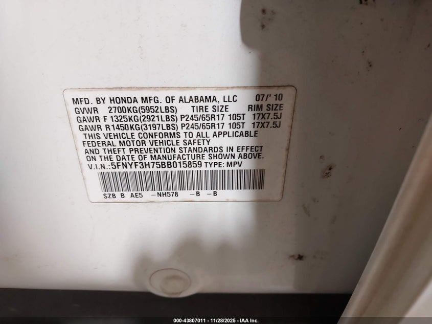 2011 Honda Pilot Ex-L VIN: 5FNYF3H75BB015859 Lot: 43807011