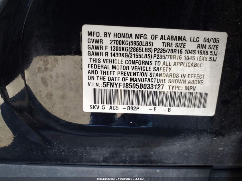 2005 Honda Pilot Ex-L VIN: 5FNYF18505B033127 Lot: 43807033