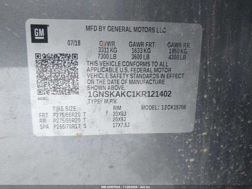 2019 Chevrolet Tahoe Ls VIN: 1GNSKAKC1KR121402 Lot: 43807044