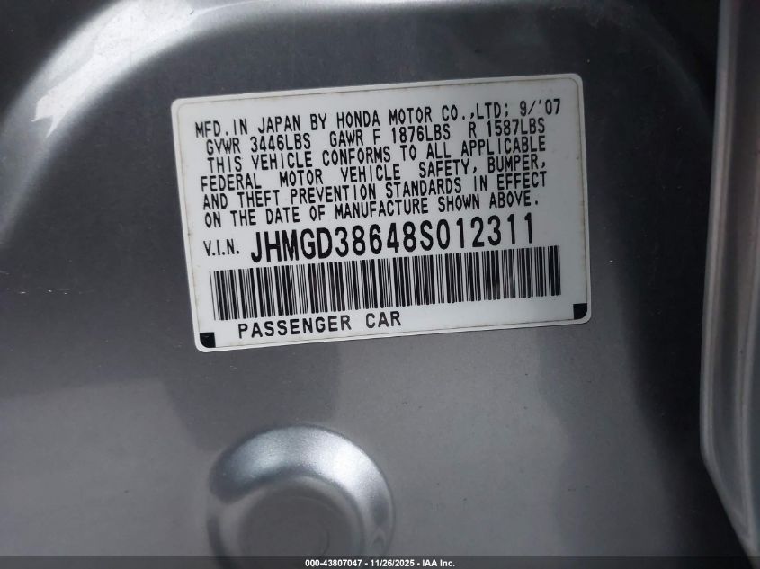 2008 Honda Fit Sport VIN: JHMGD38648S012311 Lot: 43807047