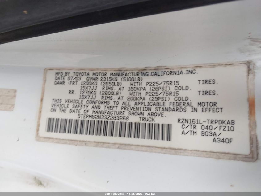 2003 Toyota Tacoma VIN: 5TEPM62N33Z283268 Lot: 43807048