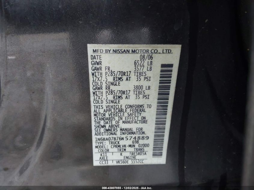 2006 Nissan Titan Le VIN: 1N6BA07B76N574889 Lot: 43807055