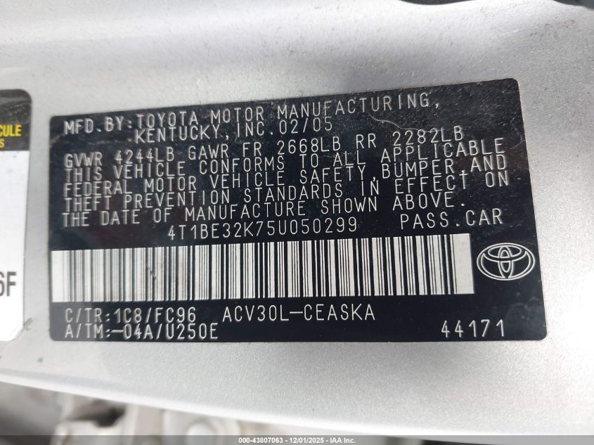 2005 Toyota Camry Se VIN: 4T1BE32K75U050299 Lot: 43807063