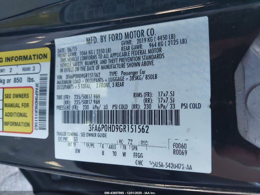 2016 Ford Fusion Se VIN: 3FA6P0HD9GR151562 Lot: 43807065