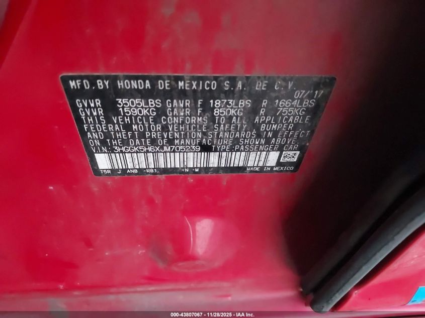 2018 Honda Fit VIN: 38DGK58GM86XJM705 Lot: 43807067