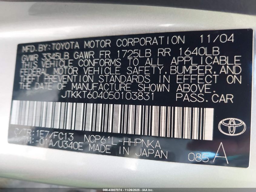 2005 Scion Xa VIN: JTKKT604050103831 Lot: 43807074