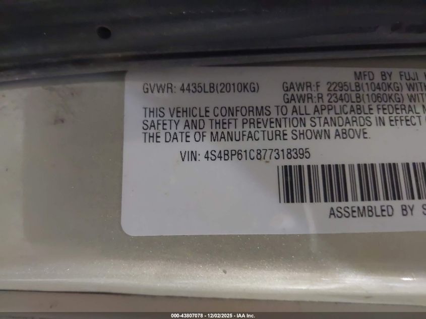 2007 Subaru Outback 2.5I Basic VIN: 4S4BP61C877318395 Lot: 43807078