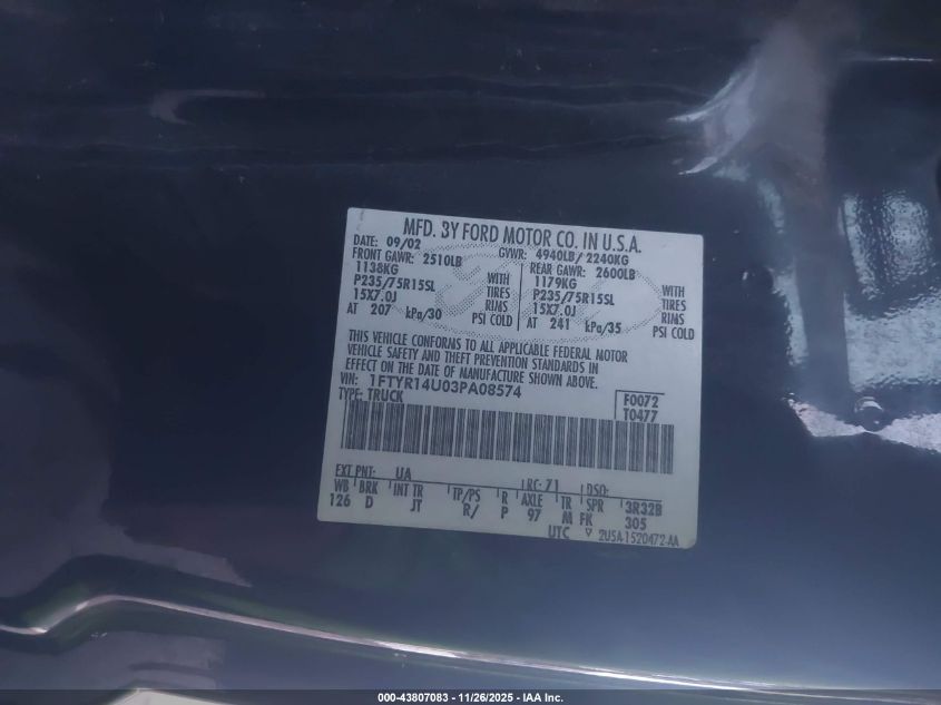 2003 Ford Ranger Edge/Tremor/Xl/Xlt VIN: 1FTYR14U03PA08574 Lot: 43807083