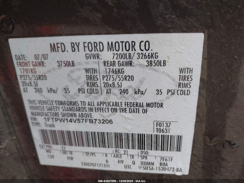 2007 Ford F-150 Fx4/Lariat/Xlt VIN: 1FTPW14V57FB73206 Lot: 43807090