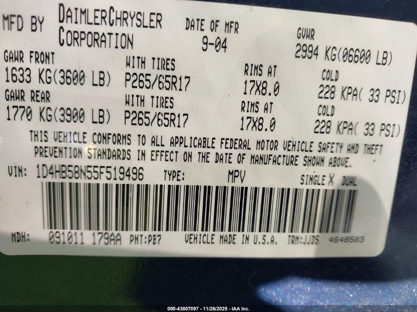 2005 Dodge Durango Limited VIN: 1D4HB58N55F519496 Lot: 43807097