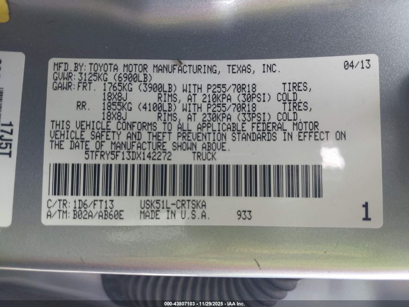 2013 Toyota Tundra Grade 5.7L V8 VIN: 5TFRY5F13DX142272 Lot: 43807103