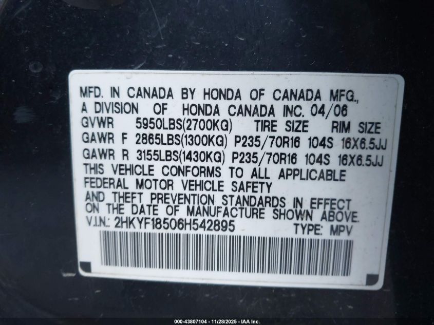2006 Honda Pilot Ex-L VIN: 2HKYF18506H542895 Lot: 43807104