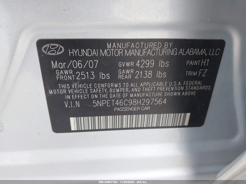 2008 Hyundai Sonata Gls VIN: 5NPET46C98H297564 Lot: 43807108