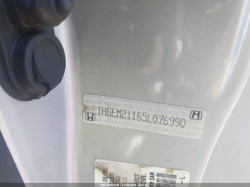 2005 Honda Civic Vp VIN: 1HGEM21165L076990 Lot: 43807109