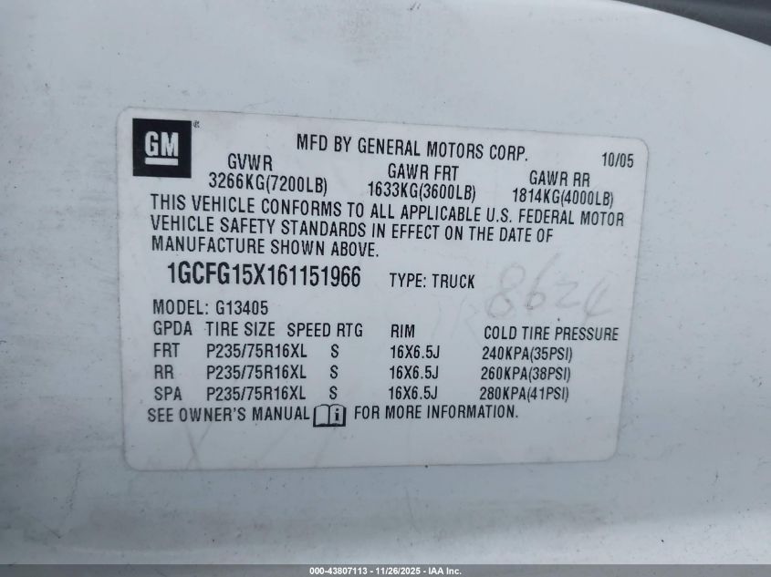 2006 Chevrolet Express Work Van VIN: 1GCFG15X161151966 Lot: 43807113