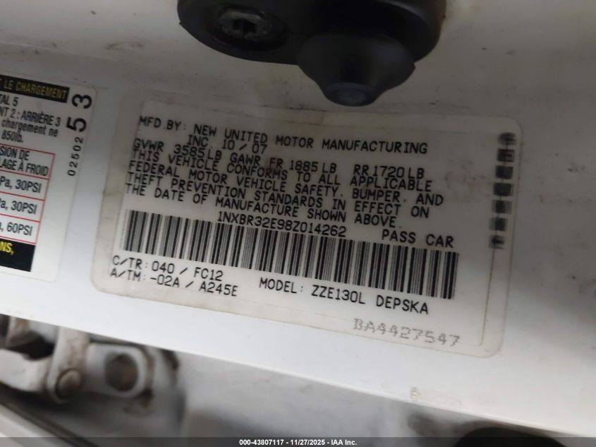 2008 Toyota Corolla S VIN: 1NXBR32E98Z014262 Lot: 43807117