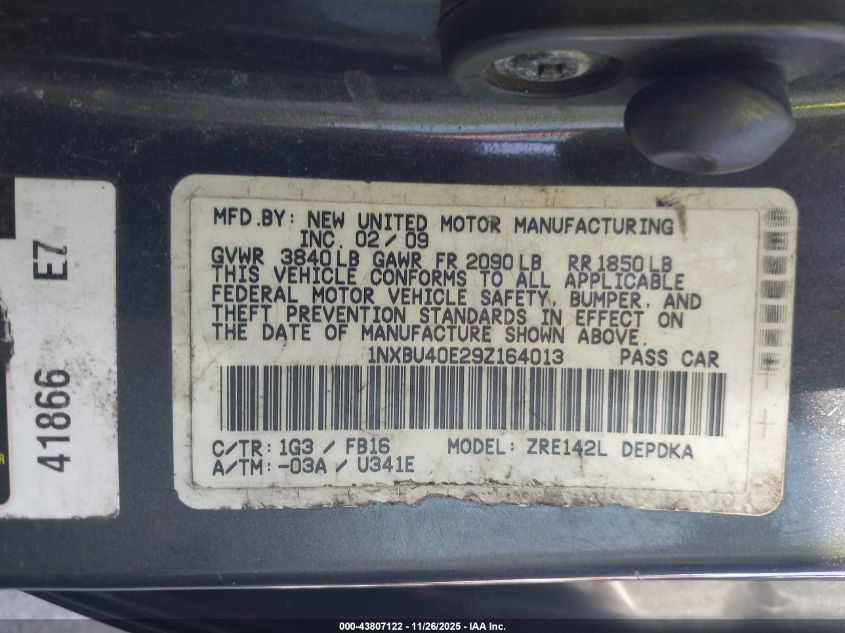 2009 Toyota Corolla VIN: 1NXBU40E29Z164013 Lot: 43807122