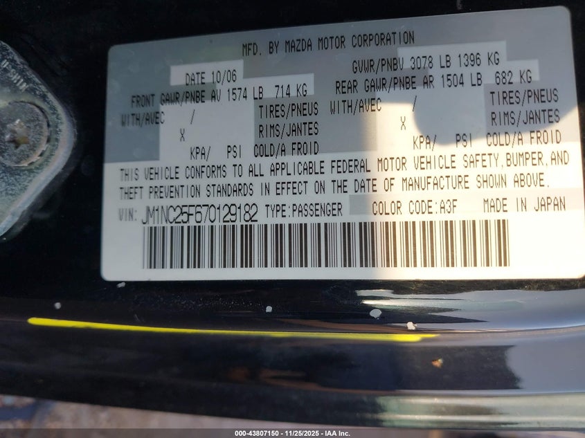 2007 Mazda Mx-5 Grand Touring VIN: JM1NC25F670129182 Lot: 43807150