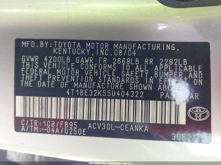 2005 Toyota Camry Le VIN: 4T1BE32K55U404322 Lot: 43807153