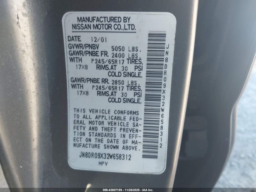 2002 Nissan Pathfinder Le VIN: JN8DR09X32W658312 Lot: 43807159