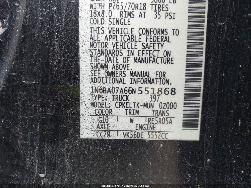 2006 Nissan Titan Se VIN: 1N6BA07A66N551868 Lot: 43807172