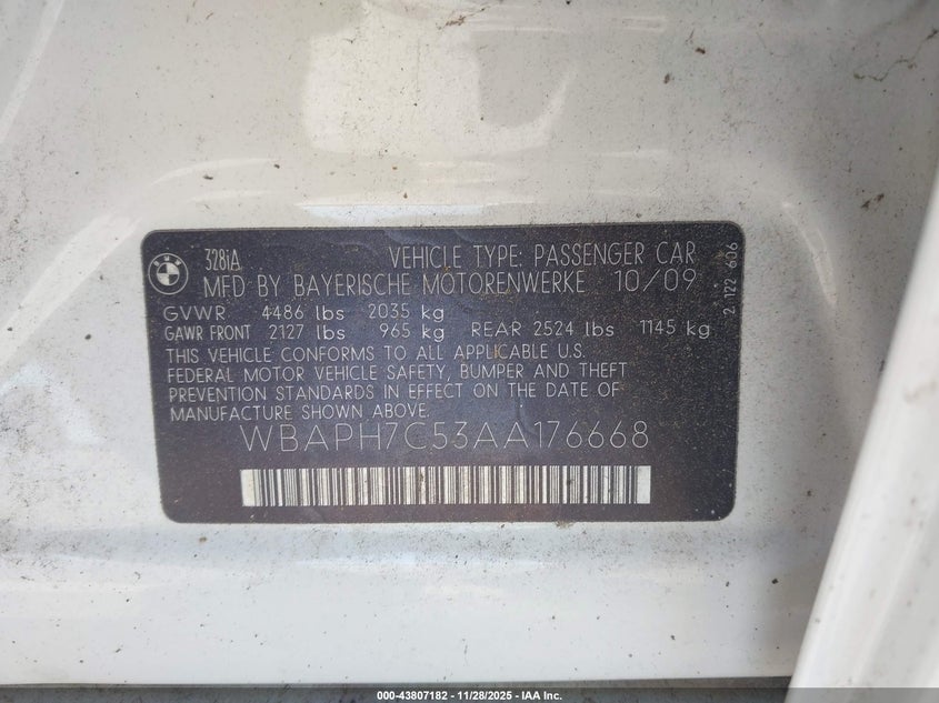 2010 BMW 328I VIN: WBAPH7C53AA176668 Lot: 43807182