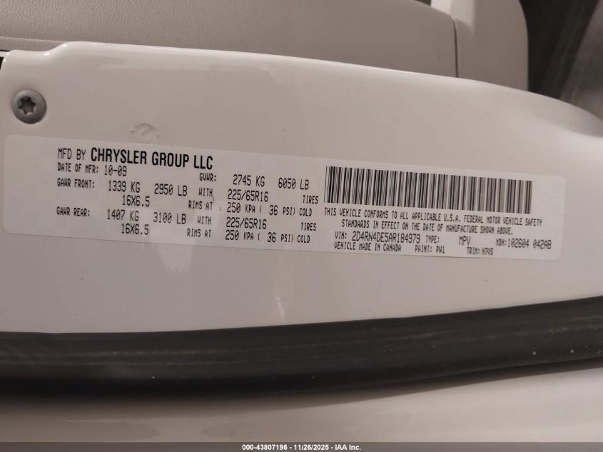 2010 Dodge Grand Caravan Se VIN: 2D4RN4DE5AR184979 Lot: 43807196