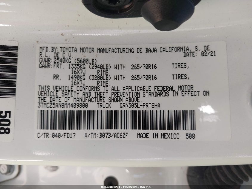 2021 Toyota Tacoma Trd Off-Road VIN: 3TMCZ5AN8MM409800 Lot: 43807201