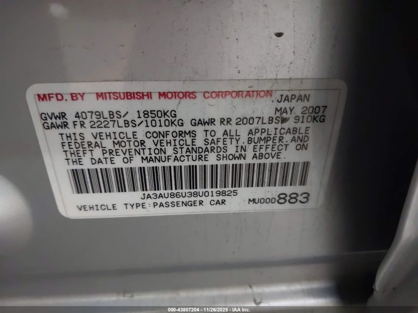 2008 Mitsubishi Lancer Gts VIN: JA3AU86U38U019825 Lot: 43807204