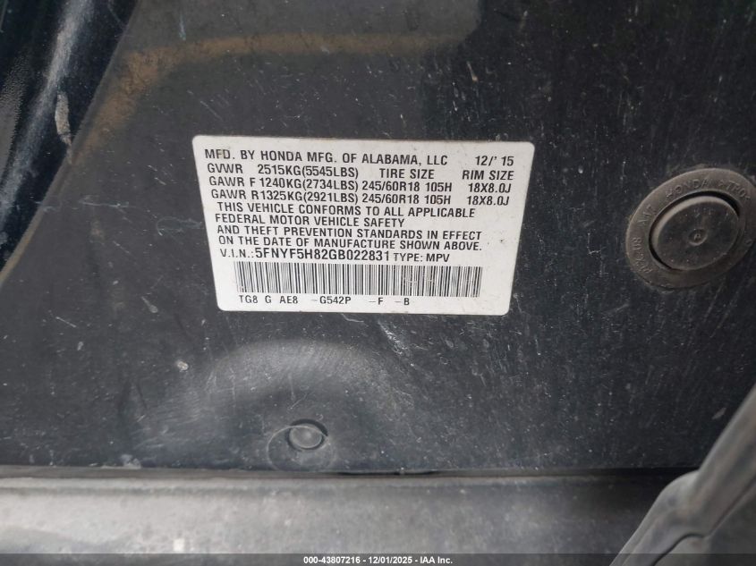 2016 Honda Pilot Ex-L VIN: 5FNYF5H82GB022831 Lot: 43807216