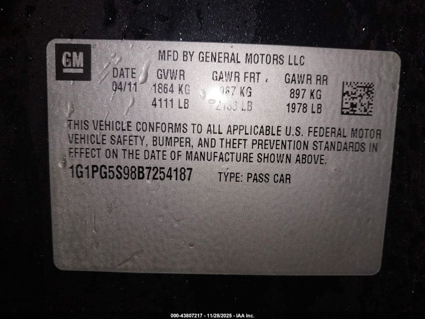 2011 Chevrolet Cruze 2Lt VIN: 1G1PG5S98B7254187 Lot: 43807217