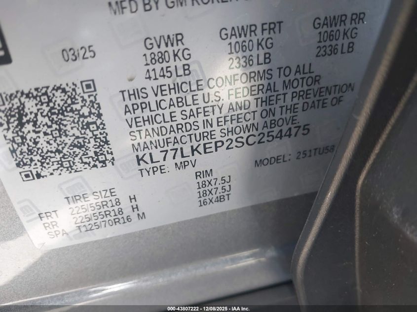 2025 Chevrolet Trax Fwd Activ VIN: KL77LKEP2SC254475 Lot: 43807222