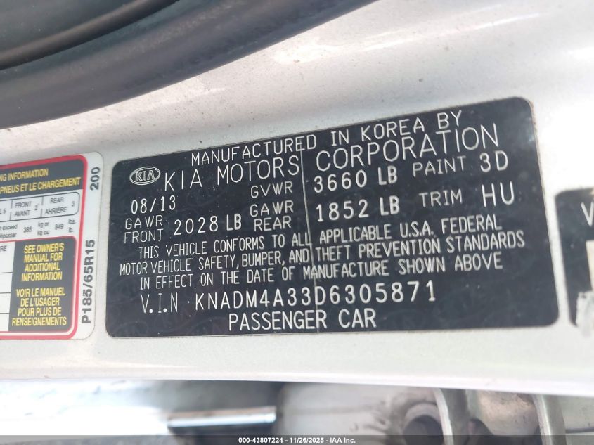 2013 Kia Rio Lx VIN: KNADM4A33D6305871 Lot: 43807224