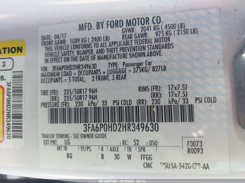 2017 Ford Fusion Se VIN: 3FA6P0HD2HR349630 Lot: 43807240