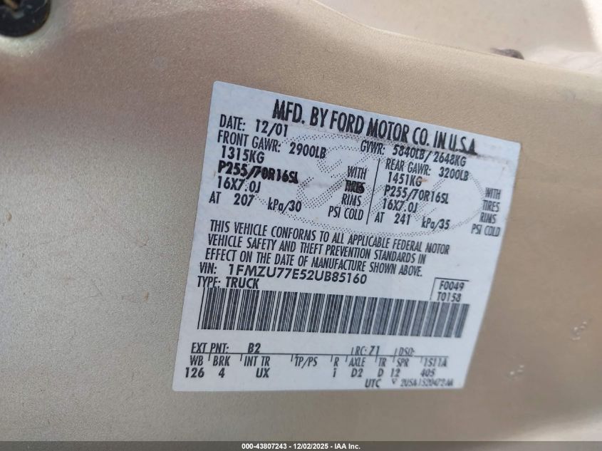 2002 Ford Explorer Sport Trac VIN: 1FMZU77E52UB85160 Lot: 43807243