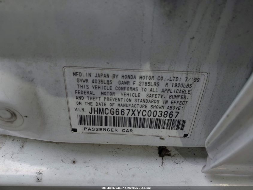 2000 Honda Accord 2.3 Ex VIN: JHMCG667XYC003867 Lot: 43807244