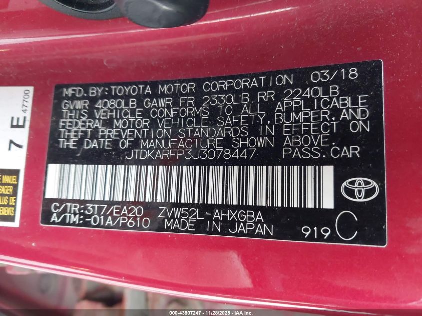 2018 Toyota Prius Prime Advanced VIN: JTDKARFP3J3078447 Lot: 43807247