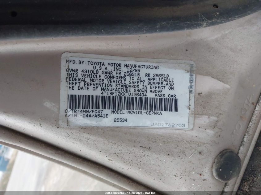 1996 Toyota Camry Le/Xle/Se VIN: 4T1BF12KXTU126404 Lot: 43807267