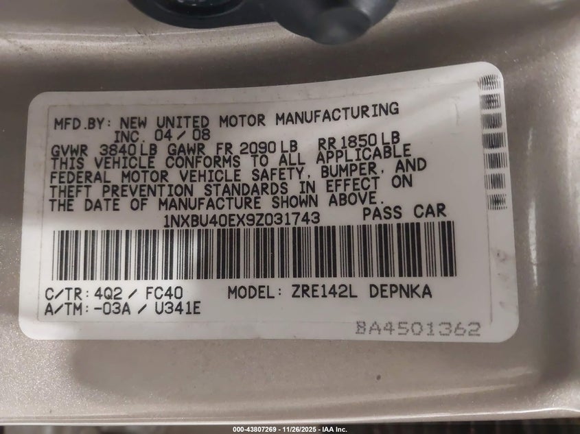 2009 Toyota Corolla Xle VIN: 1NXBU40EX9Z031743 Lot: 43807269