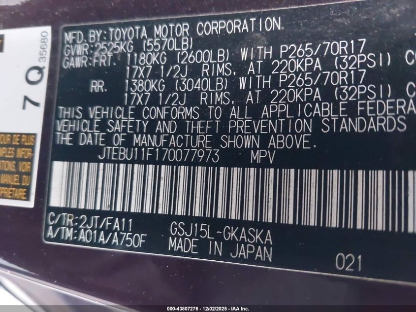 2007 Toyota Fj Cruiser VIN: JTEBU11F170077973 Lot: 43807276