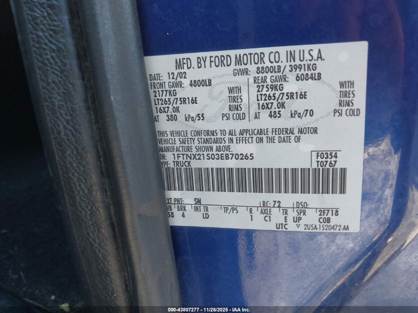 2003 Ford F-250 Lariat/Xl/Xlt VIN: 1FTNX21S03EB70265 Lot: 43807277