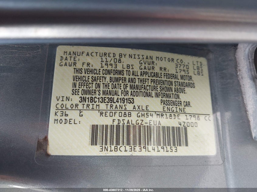 2009 Nissan Versa 1.8Sl VIN: 3N1BC13E39L419153 Lot: 43807312