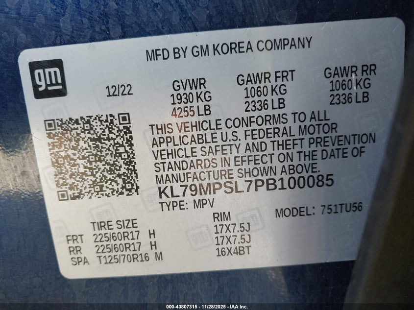 2023 Chevrolet Trailblazer Fwd Lt VIN: KL79MPSL7PB100085 Lot: 43807315