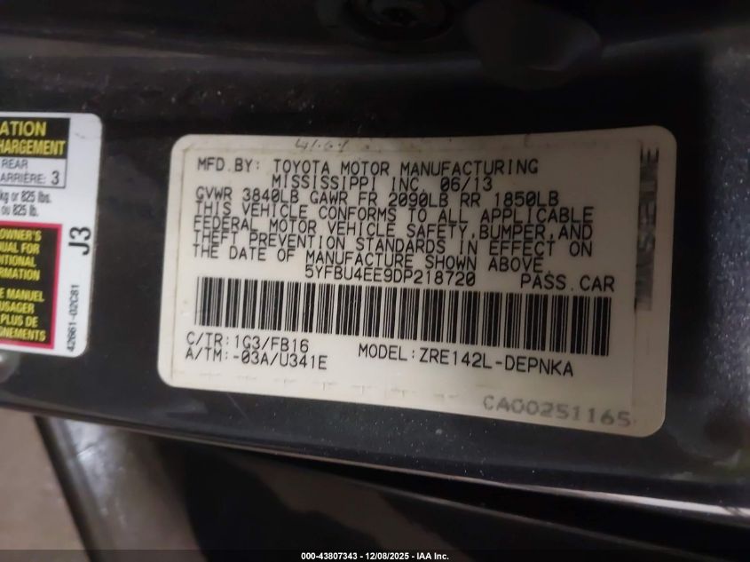 2013 Toyota Corolla Le VIN: 5YFBU4EE9DP218720 Lot: 43807343