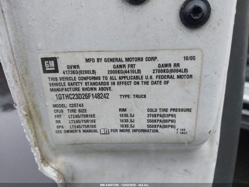 2006 GMC Sierra 2500Hd Work Truck VIN: 1GTHC23D26F148242 Lot: 43807356