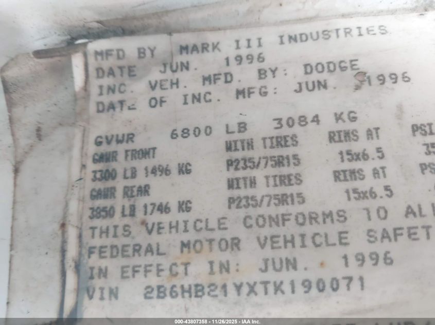 1996 Dodge Ram Van B2500 VIN: 2B6HB21YXTK190071 Lot: 43807358