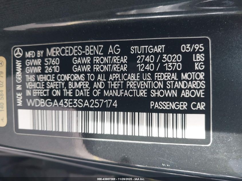 1995 Mercedes-Benz S 420 VIN: WDBGA43E3SA257174 Lot: 43807369