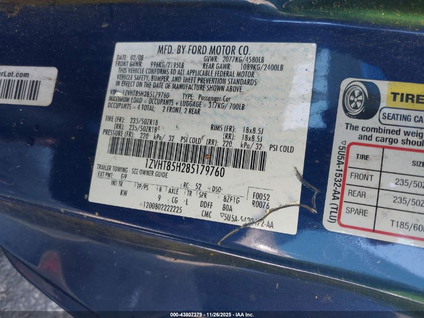 2008 Ford Mustang Gt Deluxe/Gt Premium VIN: 1ZVHT85H285179760 Lot: 43807379