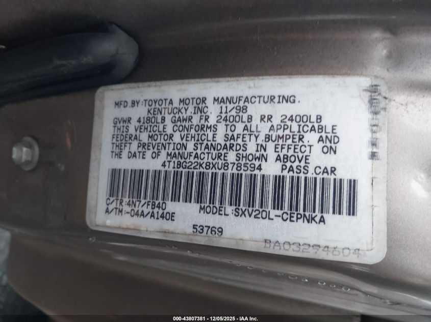 1999 Toyota Camry Le VIN: 4T1BG22K8XU878594 Lot: 43807381