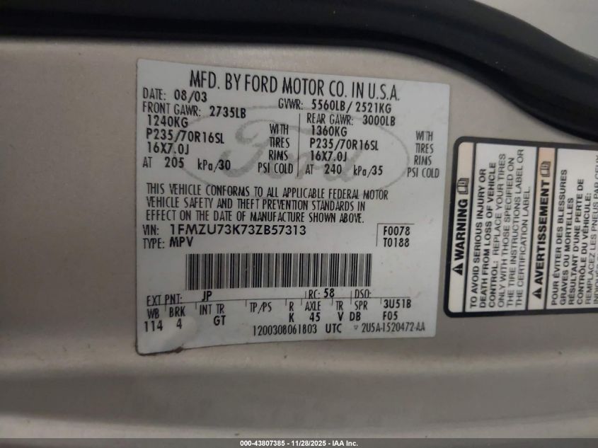 2003 Ford Explorer Nbx/Xlt VIN: 1FMZU73K73ZB57313 Lot: 43807385